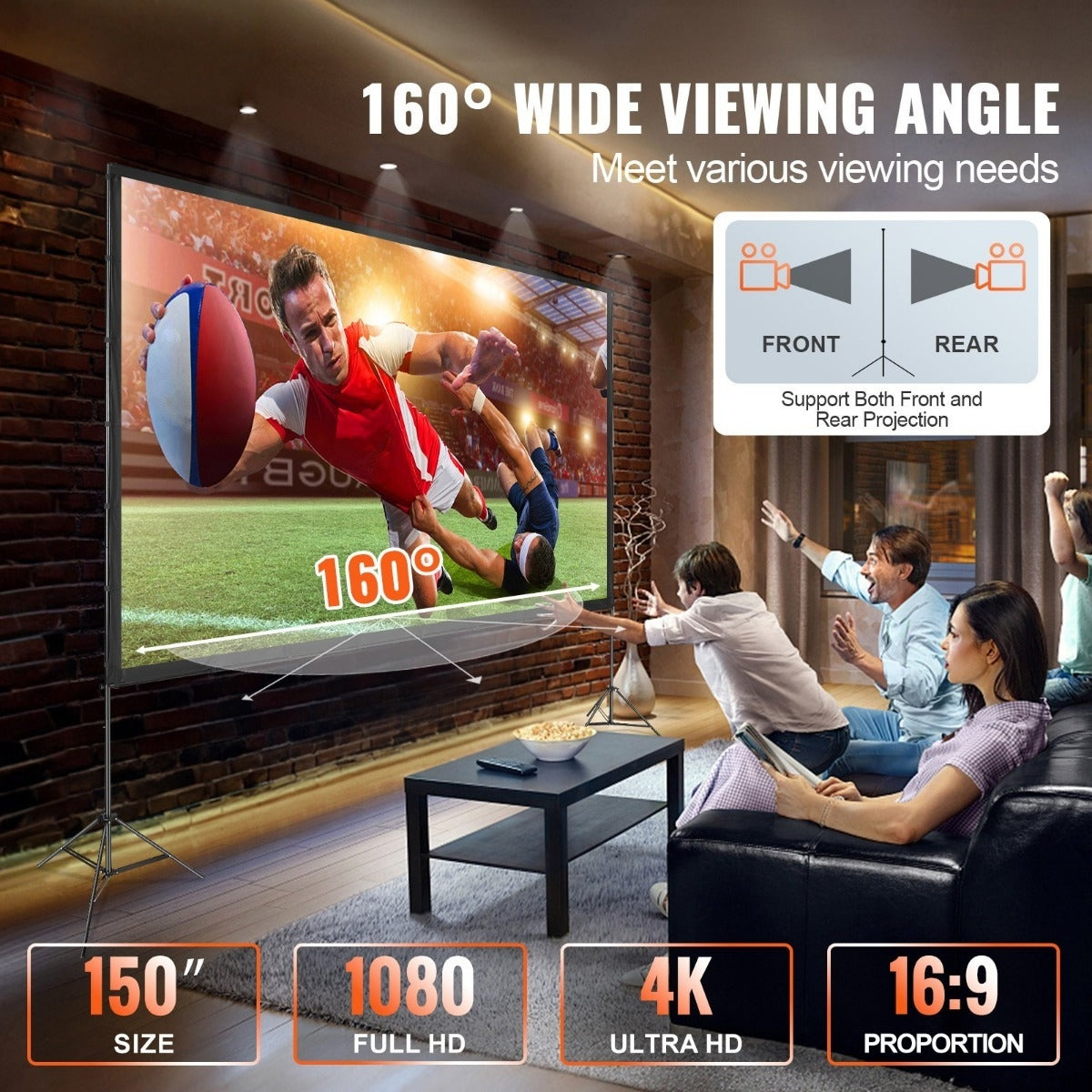 100/120/150 inch Projector Screen with Stand, 16:9 4K HD Portable Projection Screen for Indoor Outdoor Home Theater, Backyard Movie Night
